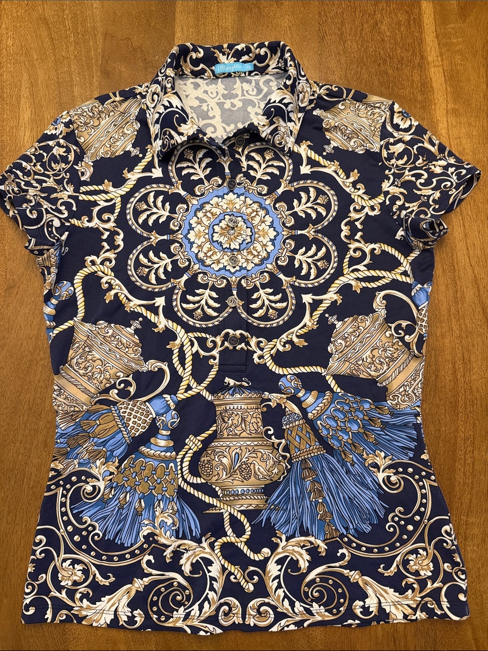 J. McLaughlin Baroque Medallion Button-Down Polo in Navy, Gold & Light Blue